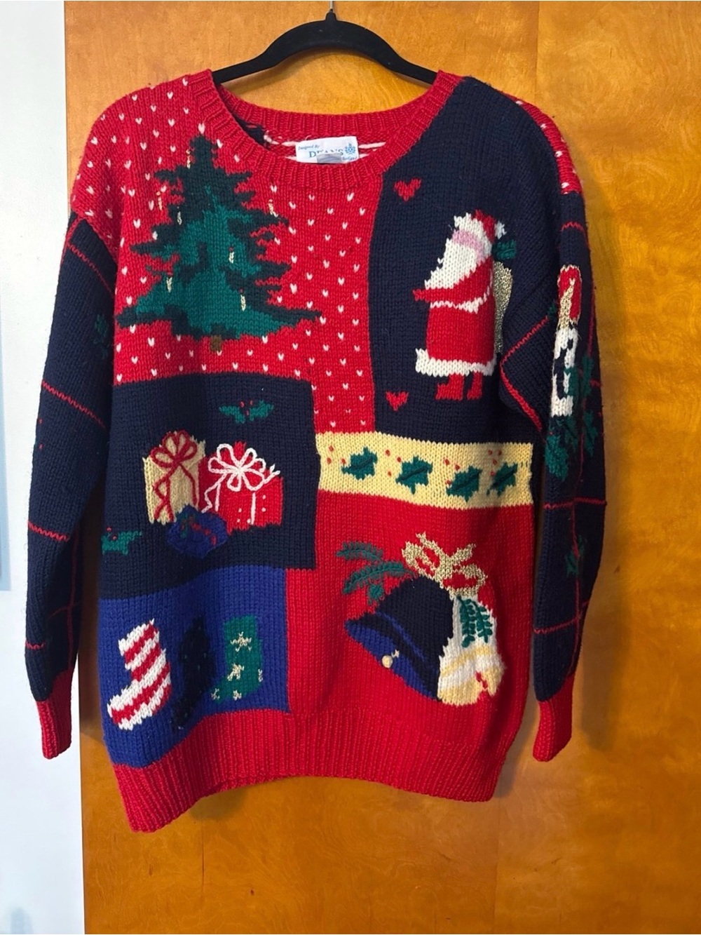 Deans of Scotland Vintage Patchwork Christmas Sweater in Red, Navy & Green